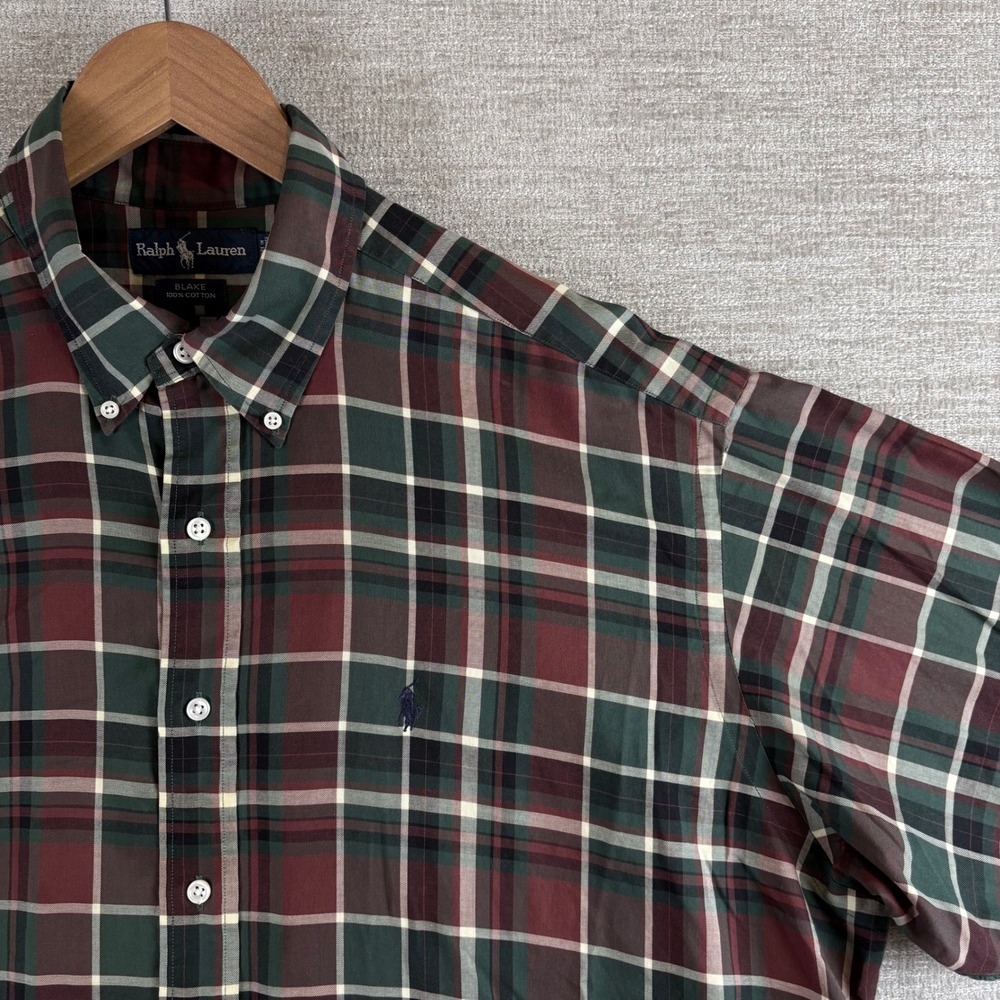 VTG 90 Ralph Lauren Men XL Burgundy Green Plaid Button Down BLAKE Shirt EUC Fall